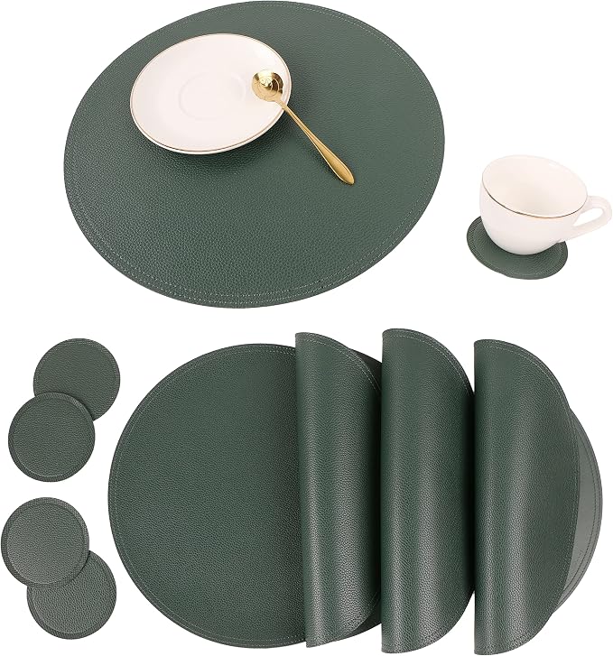 Set of 8 Faux Leather Round Placemats and Coasters, Disko Table Mats and Drink by JOVONO