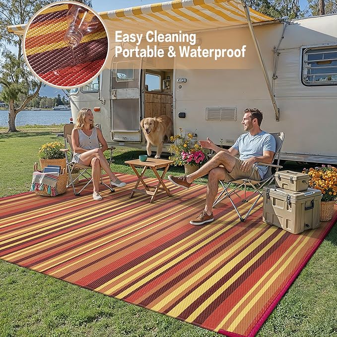 Outdoor Plastic Straw Rug Waterproof Patio 4x6 Red Orange Stripe Mat - Image 6