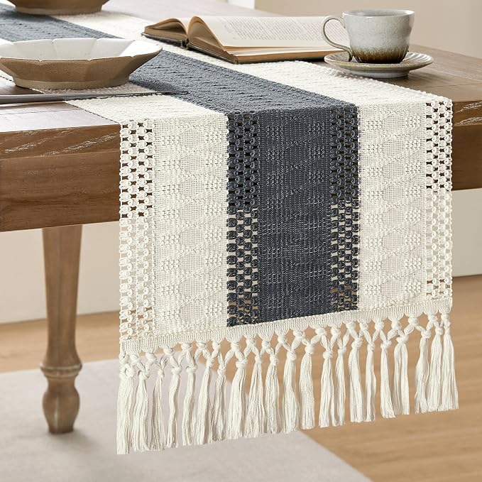 Macrame Style Bicolor Stitching Table Runner 14x48in Charcoal | Woven Boho by ZEEMARTONLINE