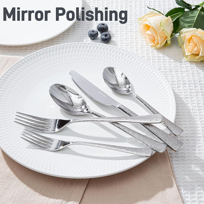 Silverware Set for 4, 20 Piece Flatware Set, 18/10 Stainless Steel | Hammered - Image 3