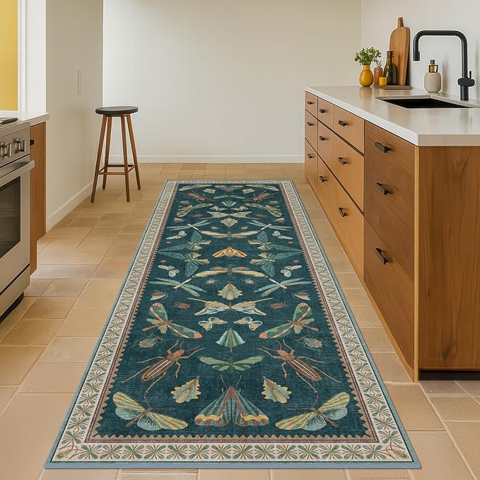 Hazo Haus Teal Boho Runner Rug 2x8, Washable Non Skid Kitchen Sink Carpet by HazoHaus