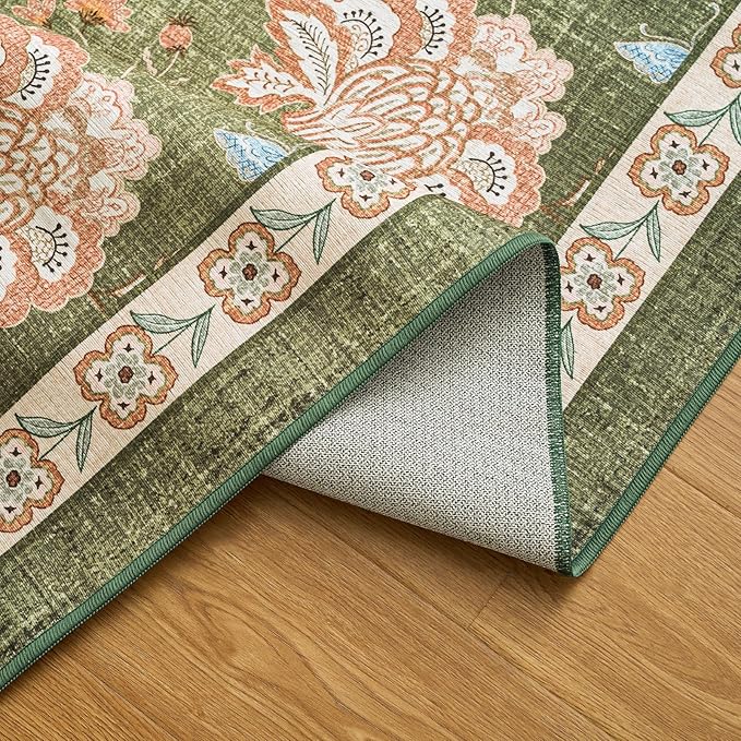 jinchan 2x5 Floral Runner Rug for Hallway Washable Kitchen Runner Vintage Romance Design Non Slip Thin Indoor Floor Cover Low-Profile Throw Carpet for Entryway Bathroom Bedroom Porch, Green