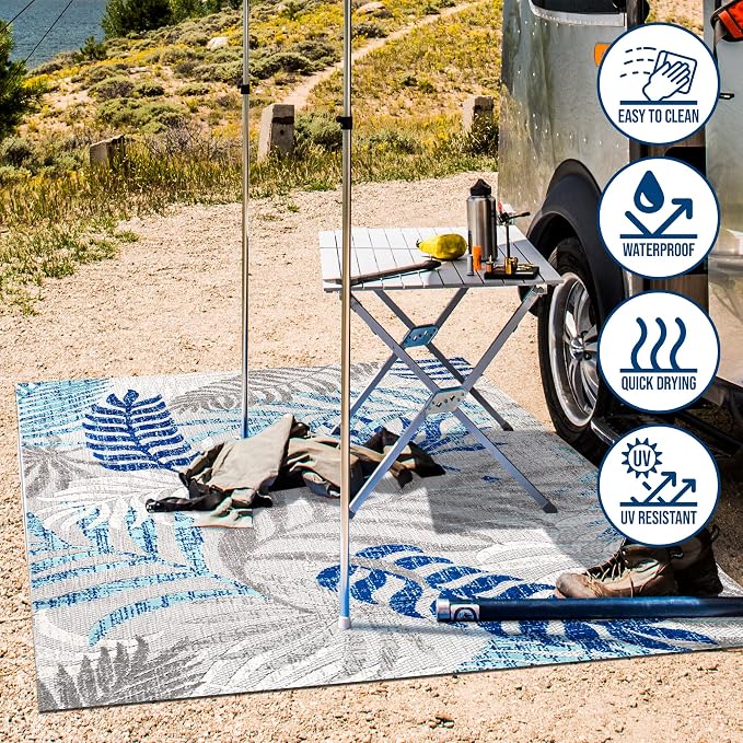 JONATHAN Y Tropics Palm Leaves Indoor Outdoor Area Rug 5X8 Gray/Blue, Boho - Image 3