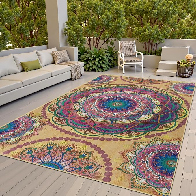 Arenarug Meditation Indoor Outdoor Rug 8x10 ft Mandala Pattern Rug Boho Style by ArenaRug
