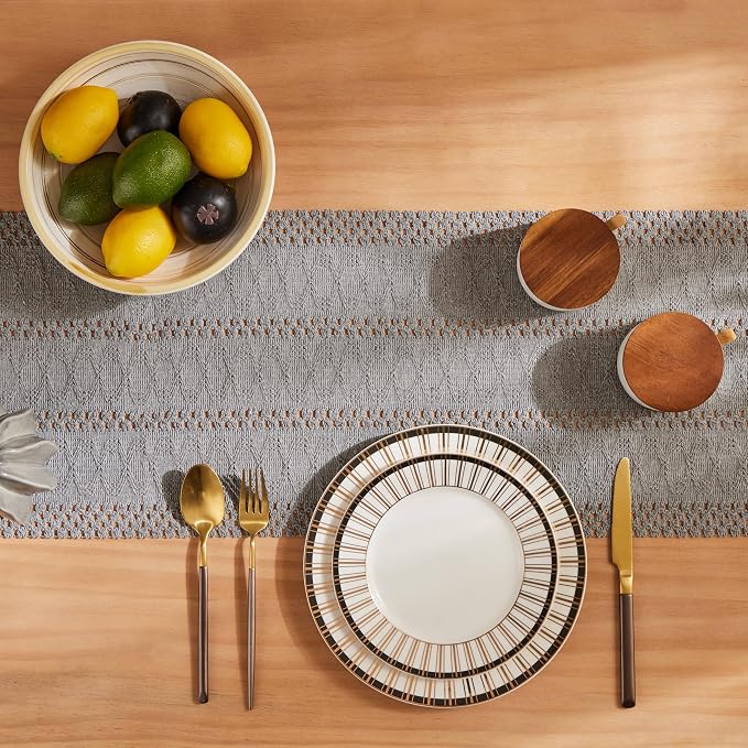 Macrame Style Boho Table Runner, 12x36 Inch Grey | Woven Boho Table Runner - Image 4