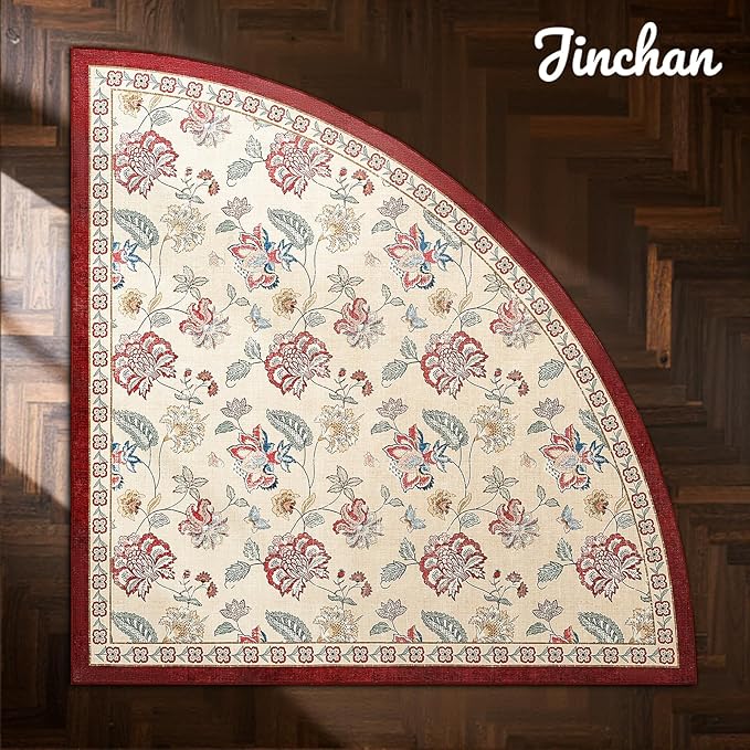 jinchan Floral Corner Rug for Living Room Washable Bedroom Rug Vintage Romance Design Non Slip Quarter Circle Lightweight Low-Pile Throw Carpet for Reading Nook Playroom,8ft Radius, Red/Beige