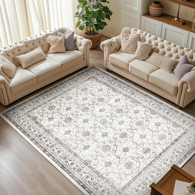 jinchan Floral 6x9 Area Rugs for Living Room - Machine Washable Vintage Distressed Boho Design Throw Rug Stain Resistant Carpet Low-Pile Thin Non-Slip for Bedroom Dining Room Nursery (6‘x9',Beige)