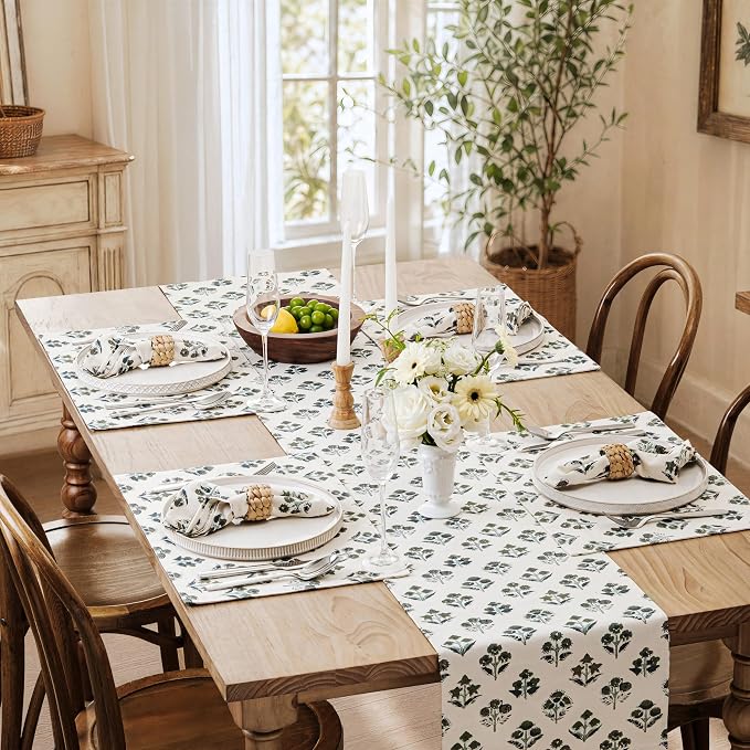 Block Print Floral Decorative Table Runners, 13x48 Inch Olive | 100% Organic - Image 7
