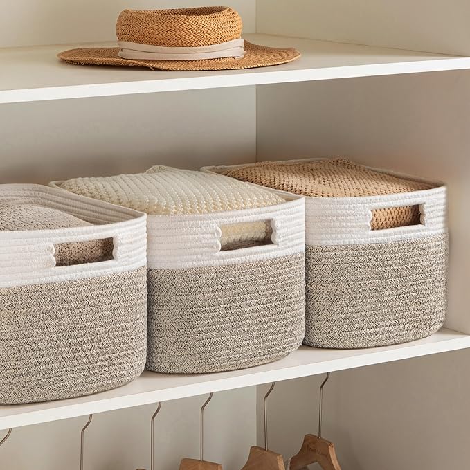 UBBCARE 4 Pack Baskets for Organizing, Woven Storage Baskets with Label for Toys and Towel, Rectangle Cotton Rope Basket with Handles, 15''L x10''W x9''H, White&Brown