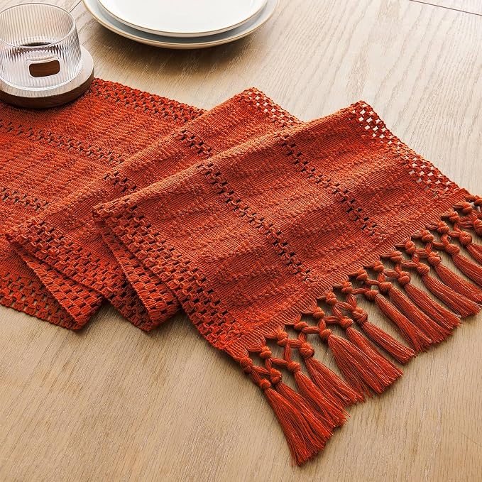 Macrame Style Boho Table Runner, 12x60 Inch Dark Orange | Woven Boho Table - Image 7