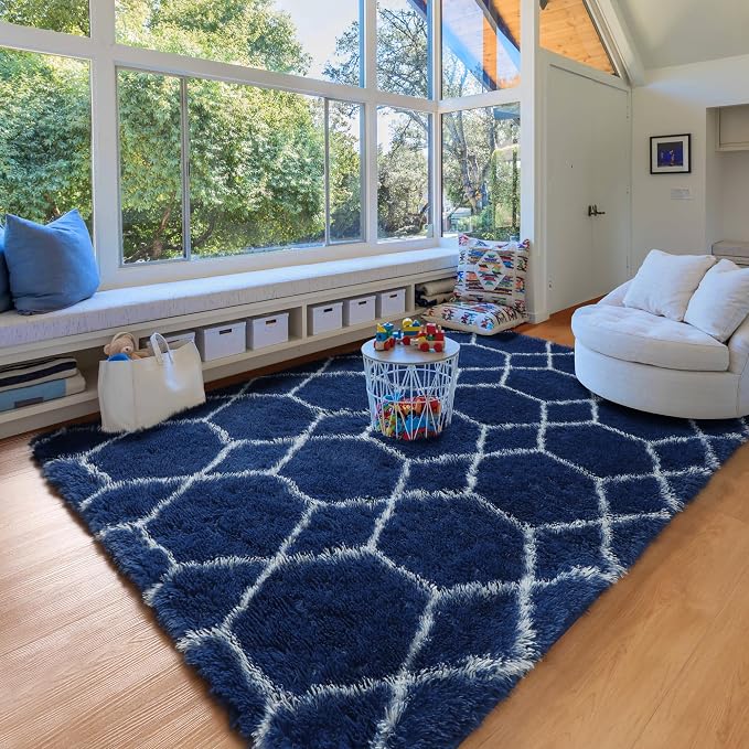 ONASAR Large 8x10 Area Rugs for Living Room, Fluffy Geometric Navy and White - Image 8