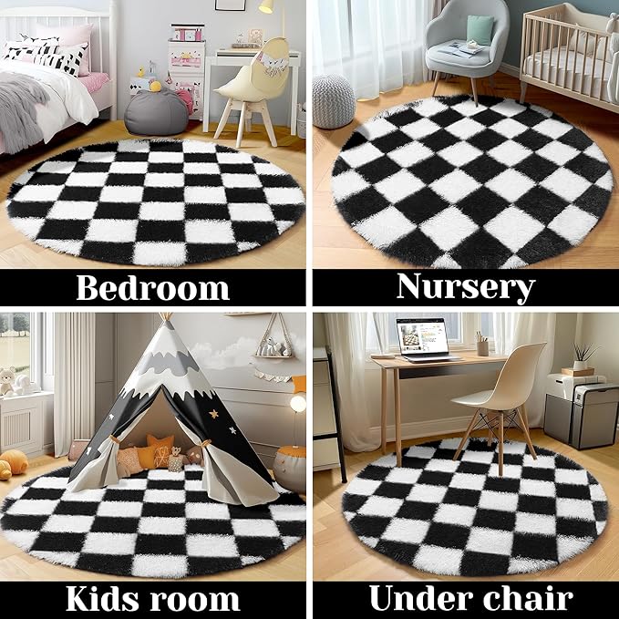 KICMOR Round Rugs 5ft for Bedroom Living Room, Indoor Checkered Circular Rug - Image 5