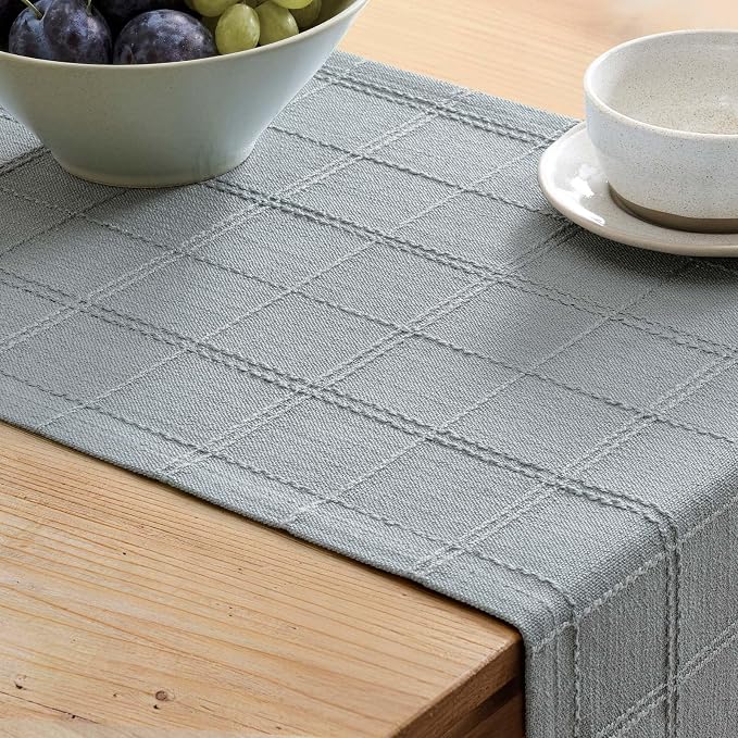 Linen Checked Farmhouse Table Runner, 13x60 Inches Chambray | Raised Grid Design - Image 5