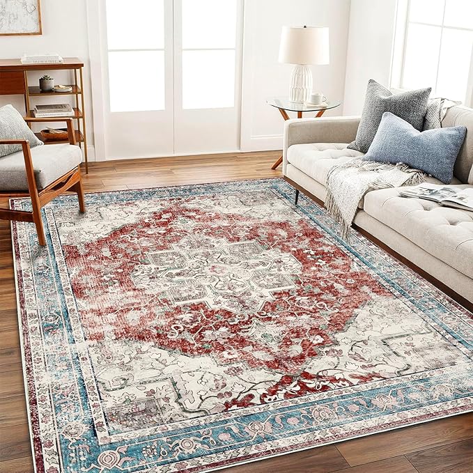 CHAMPLANT Area Rug 6'x9' Washable Red Blue Rug Vintage Traditional Floor Cover by CHAMPLANT