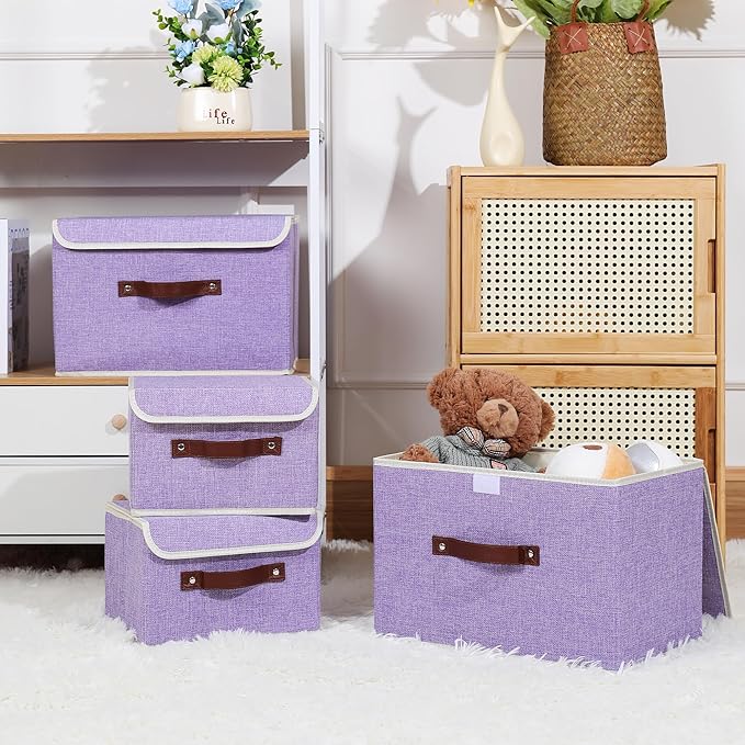 ANMINY 4PCS Storage Bins with Lid PU Leather Handles Storage Boxes PP Plastic Board Decorative Foldable Lidded Cotton Linen Fabric Home Cubes Baskets Closet Organizer Containers - Purple, Small Size