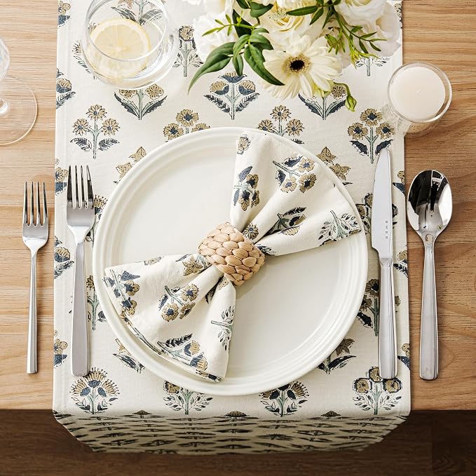 Block Print Floral Decorative Table Runners, 13x60 Inch Latte | 100% Organic - Image 3