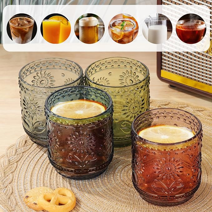 Joeyan Vintage Drinking Glasses, Embossed Floral Colored Glassware, Cocktail - Image 5