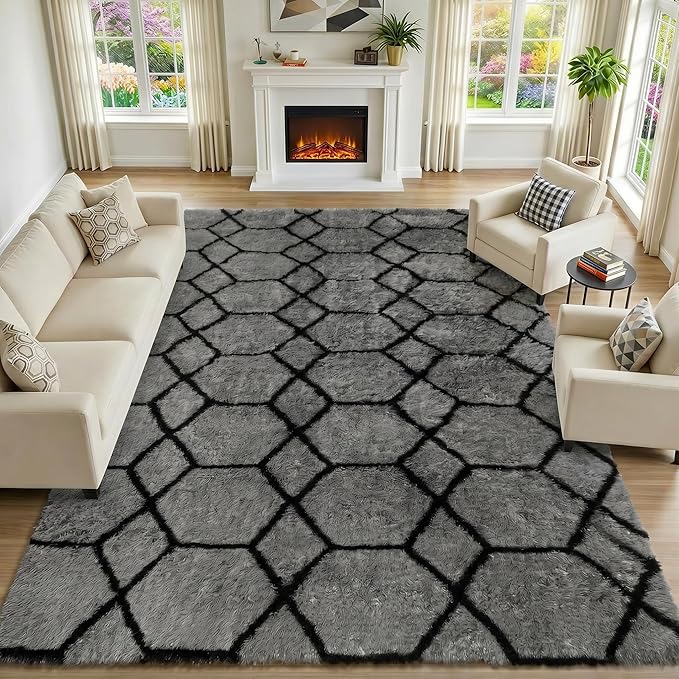 ONASAR 5x7 Area Rugs for Living Room Bedroom, Fluffy Grey and Black Throw Rug - Image 5