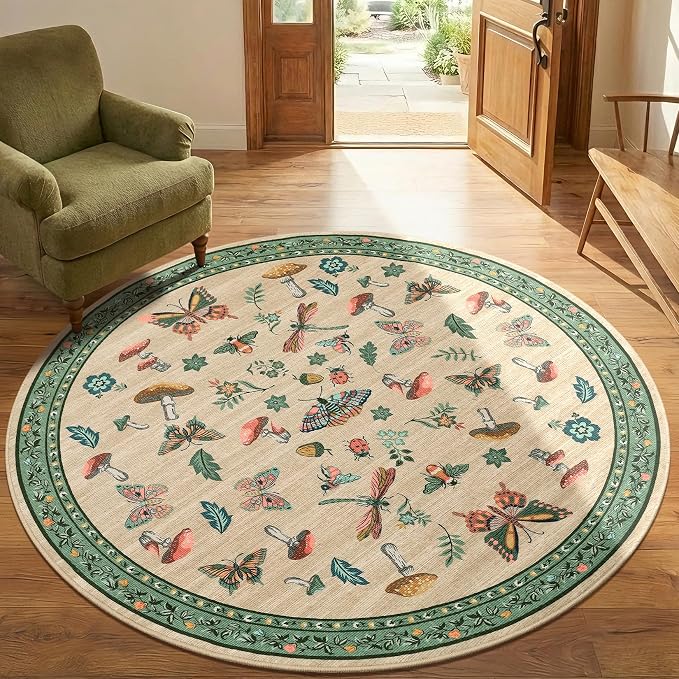 Mushroom Insect 6ft Round Rug Washable Non-Slip Soft Ultra-Thin Small Boho by ROYHOME
