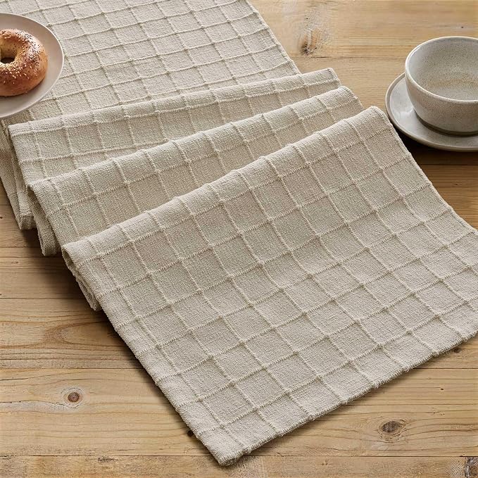 Artisanal Grid Linen Table Runner, 13x48 Inches Neutral Beige | Heavy Textured - Image 2