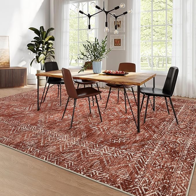 COZYLOOM 4x6 Area Rug Modern Indoor Area Rug Machine-Washable for Living Room or Bedroom Softness Foldable Carpet for Easy Storage Abstract Geometric Design Non Slip Stain Resistant Carpet, Brick Red