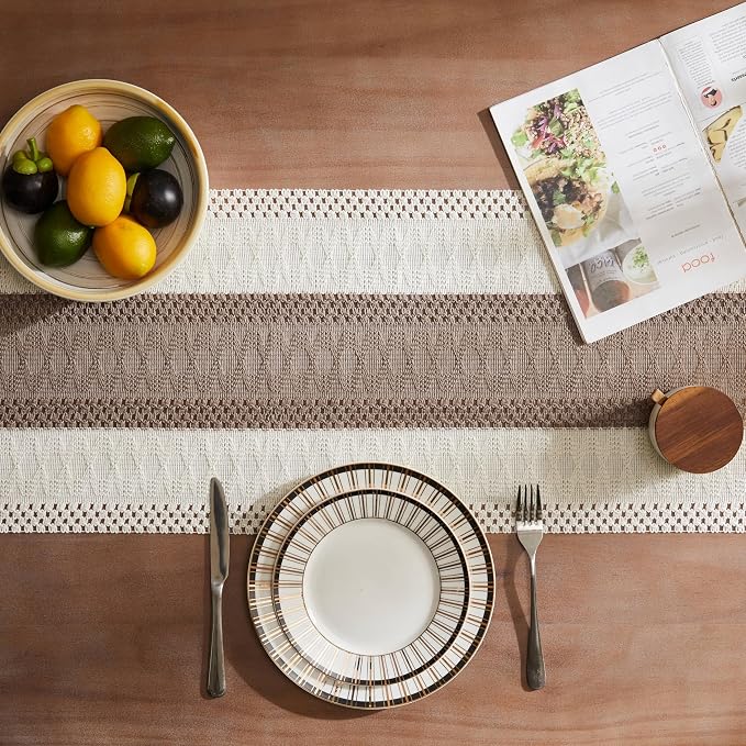 Macrame Style Bicolor Stitching Table Runner 14x36in Cocoa Brown | Woven Boho - Image 4