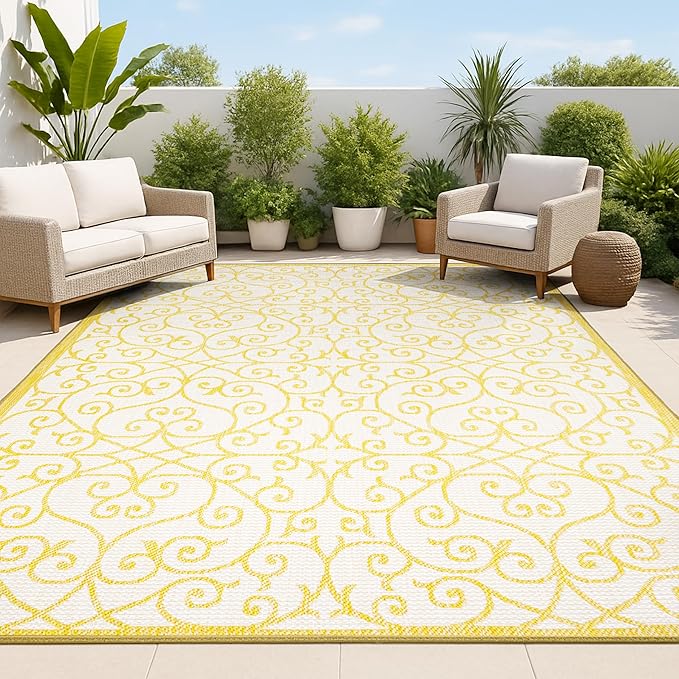 JONATHAN Y Vintage Filigree Indoor Outdoor Area Rug 3X5 Cream/Yellow, Madrid by JONATHANY