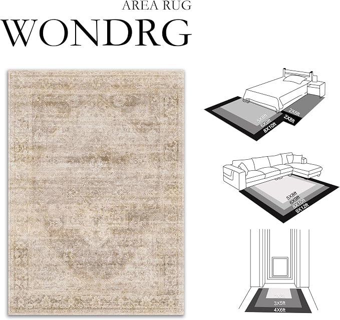 5x7 Washable Neutral Area Rug Beige Vintage Living Room Bedroom Carpet Non-Slip - Image 2