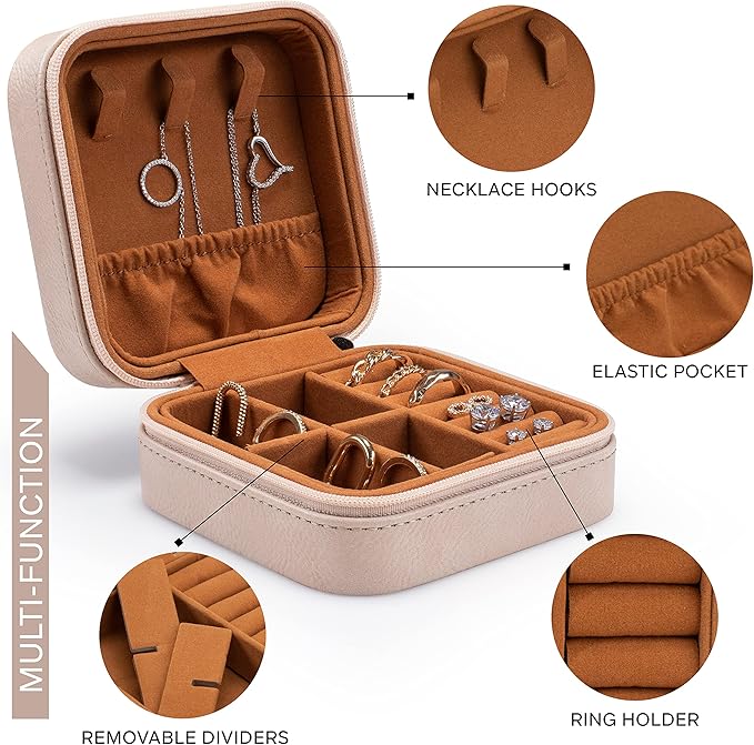 Custom Leather Customized Jewelry Organizer Box w/Name & Birth Flower Month - Birthday Gifts for Women, Mom Personalized Jewelry Travel Case - Beige