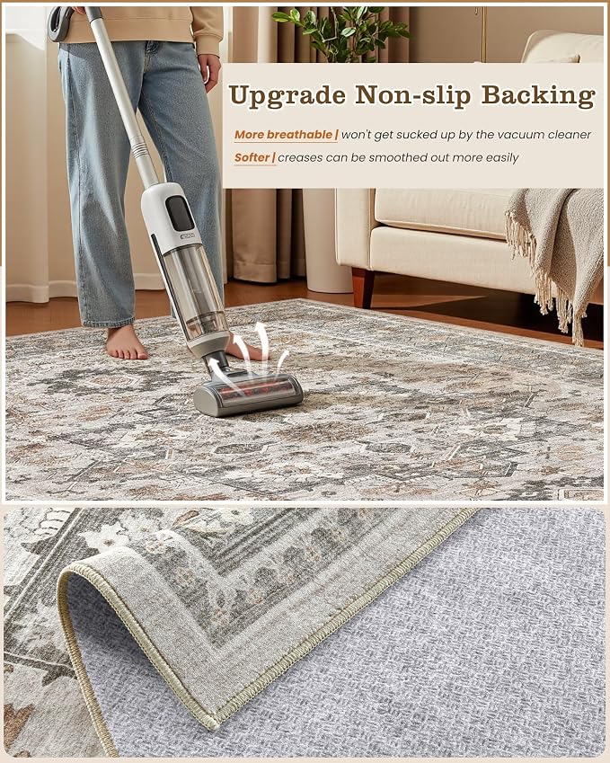 8ft Round Area Rug: Washable Vintage Neutral Soft Non Slip Thin Large Floor - Image 6