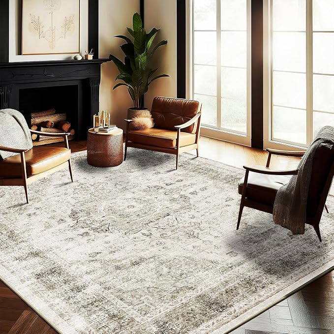 CHAMPLANT Washable Area Rug 8'x10' Retro Floral Khaki Boho Design Non-Shedding by CHAMPLANT