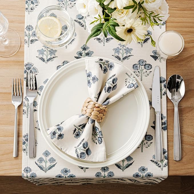 Block Print Floral Decorative Table Runners, 13x72 Inch Dusty Blue | 100% - Image 3