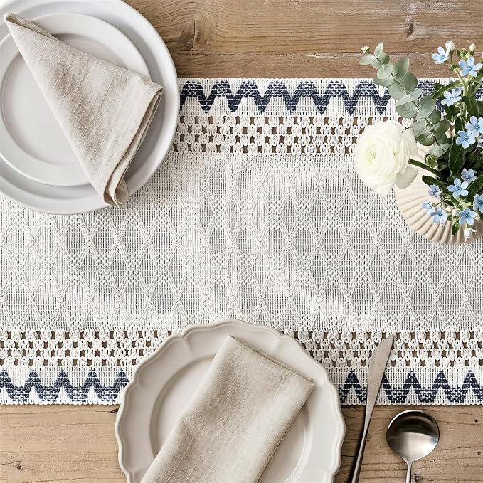 Macrame Side Trim Boho Woven Table Runner, Dusty Blue 12x48 Inch | Crochet - Image 3