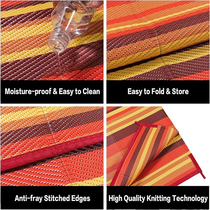 Outdoor Plastic Straw Rug Waterproof Patio 4x6 Red Orange Stripe Mat - Image 7