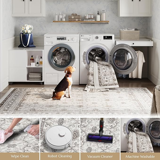 jinchan Floral 2x3 Rugs for Entryway - Machine Washable Beige Vintage Distressed Boho Design Soft Faux Wool Small Non-Slip Doormat for Entrance Kitchen Living Room Bedroom Farmhouse (2‘x3',Beige)