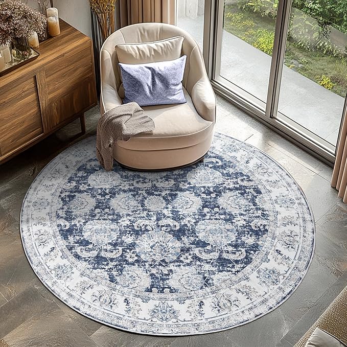 jinchan Round Rug 5ft Area Rugs Vintage Floral Distressed Design - Machine Washable Non-Slip Low-Pile Ultra-Thin Circle Rug for Entryway Bedside Living Room Dining Room Bedroom (5' Round,Dark Blue)