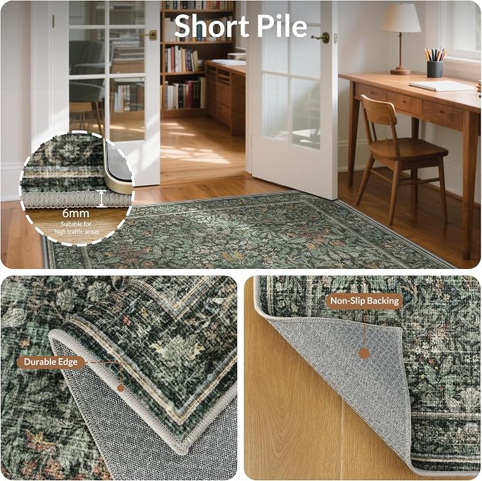 GENIMO 9x12 Washable Area Rug, Non-Slip Vintage Boho Floral Carpet, Large Area - Image 4