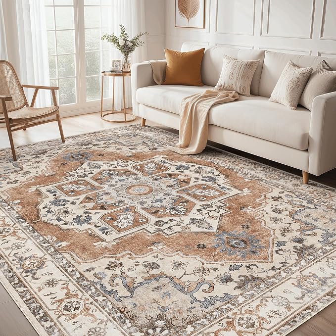 10x14 Washable Area Rug: Vintage Neutral Soft Non Slip Thin Large Floor Carpet by MICGEEK