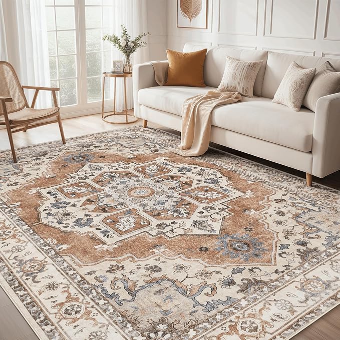 10x12 Washable Area Rug: Vintage Neutral Soft Non Slip Thin Large Floor Carpet by MICGEEK