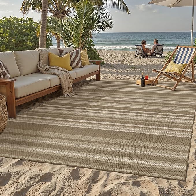 8x10 Easy Jute Stripe Area Rug Beige Brown Indoor Outdoor Rug Non Slip Neutral - Image 3