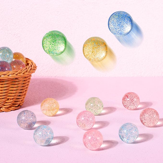 JOYIN 24 PCS Glitter Bouncy Balls, 6 Styles 32mm Assorted Bouncy Balls Bulk with Storage Bag, Bounce Toys for Kids Party Favors Birthdays Gifts Goodie Bags Stuffers Carnival Prizes