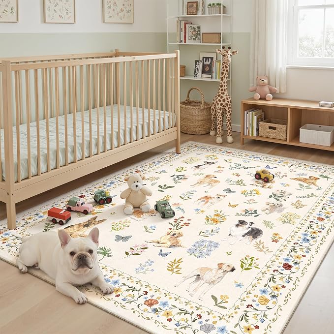 Soalmost Dog 5x7 Area Rugs for Living Room, Machine Washable Animal Floral - Image 2