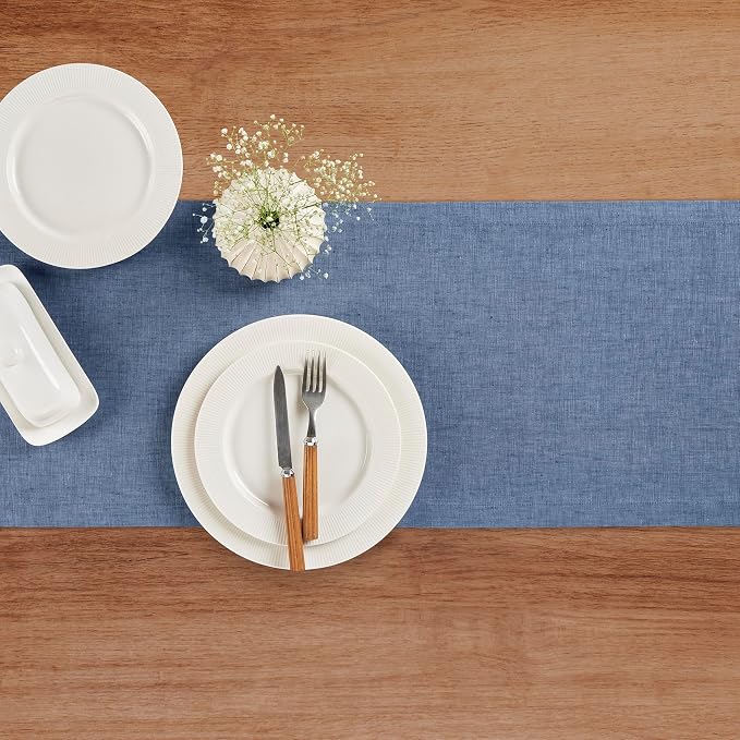 Solino Home 100% Pure Linen Table Runner Blue Denim, Athena 14 x 132 in | Table - Image 3
