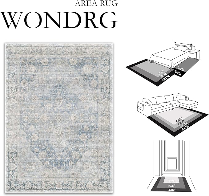 8x10 Washable Neutral Area Rug Blue Vintage Living Room Bedroom Carpet Non-Slip - Image 2