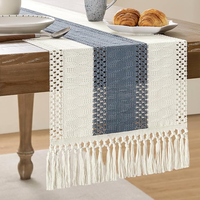 Macrame Style Bicolor Stitching Table Runner 14x108in Navy | Woven Boho Table by ZEEMARTONLINE