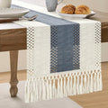 Macrame Style Bicolor Stitching Table Runner 14x72in Navy | Woven Boho Table by ZEEMARTONLINE