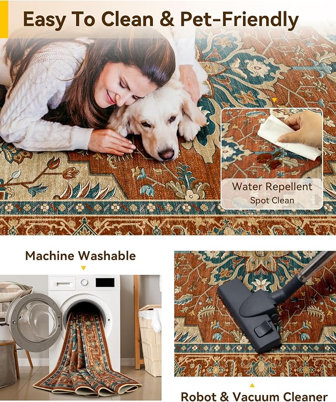 RELEANY Area Rugs 7'x9' Washable Non-Slip, Floral Vintage Distress Medallion - Image 5
