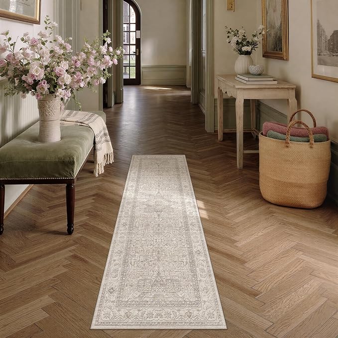2x5 Washable Vintage Runner Rug Beige Oriental Hallway Kitchen Throw Rug - Image 3