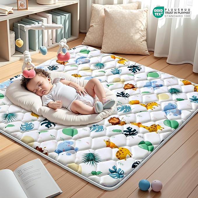 Baby Play Mats for Floor, 47x47 Playpen Mat for Babies, Extra Thicker & Soft Floor Crawling Mat, Foldable Non-Slip Playmat Cushioned for Infants Toddlers, Cute Animal Design