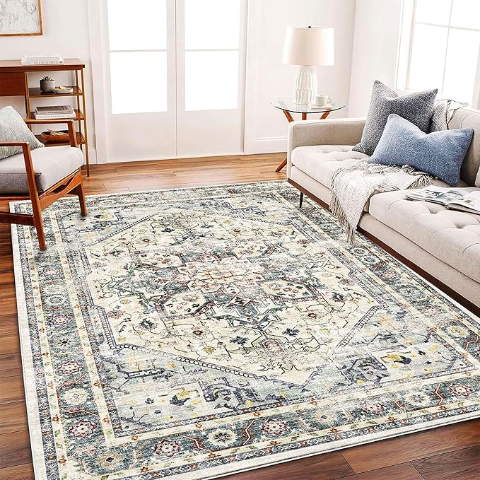 CHAMPLANT Area Rug 5'x7' Cyan Khaki Washable Vintage Traditional Floor Cover by CHAMPLANT